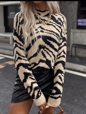Beige and Black Zebra-Print Knit Sweater